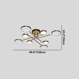 "A modern ceiling light with multiple circular lights and black metal accents, shown against a gray background with dimension measurements."