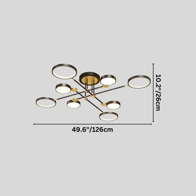 "A modern ceiling light with multiple circular lights and black metal accents, shown against a gray background with dimension measurements."
