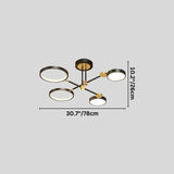 "A modern ceiling light with four circular lights and black metal accents, shown against a gray background with dimension measurements."