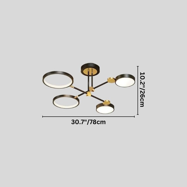 "A modern ceiling light with four circular lights and black metal accents, shown against a gray background with dimension measurements."