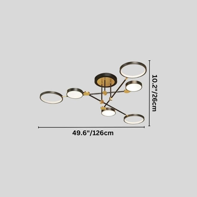 "A modern ceiling light with six circular lights and black metal accents, shown against a gray background with dimension measurements."