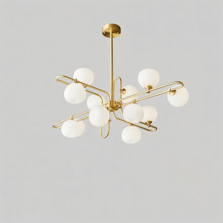 "A 12-light modern chandelier with spherical glass shades and a copper frame."