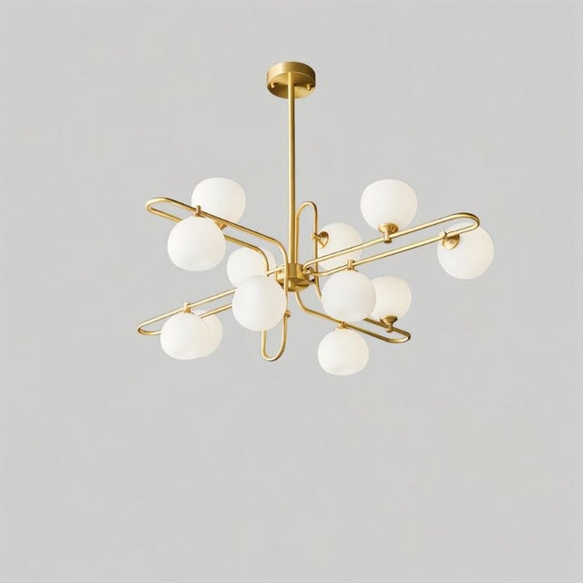 "A 12-light modern chandelier with spherical glass shades and a copper frame."