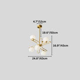 "A 6-light modern chandelier with spherical glass shades and a copper frame, showing product dimensions."