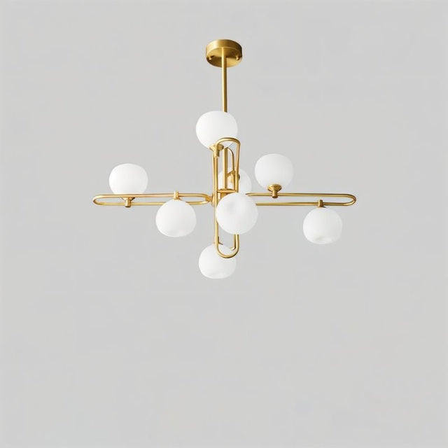 "An 8-light modern chandelier with spherical glass shades and a copper frame."