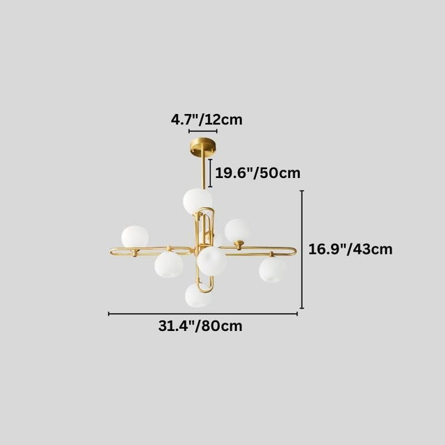 "A modern chandelier with spherical glass shades and a copper frame, showing product dimensions."