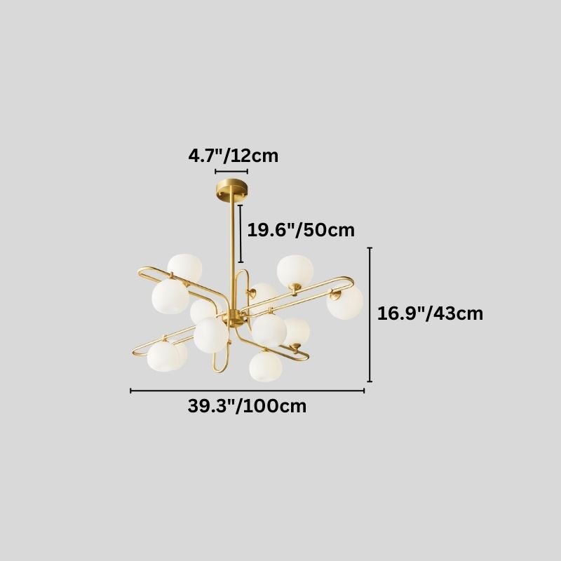 "A modern sputnik chandelier with spherical glass shades and a copper frame, showing product dimensions."