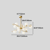 "A modern sputnik chandelier with spherical glass shades and a copper frame, showing product dimensions."