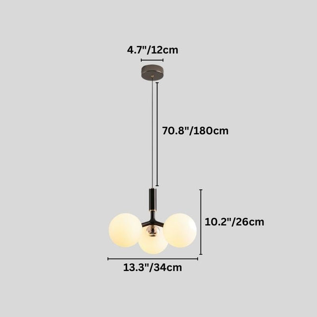"A modern pendant light with three opal glass globes, shown with dimensions of 13.3 inches in width and 10.2 inches in height."