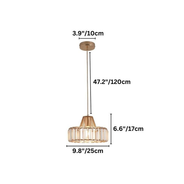 "A modern crystal pendant light with a geometric design, shown with dimensions of 9.8 inches in width and 6.6 inches in height."