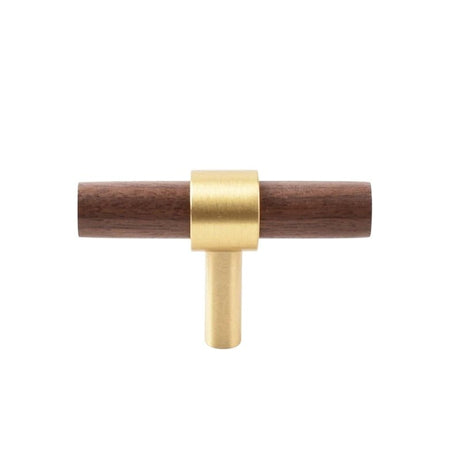"dark wood cylindrical cabinet knob with a brass base, perfect for drawers and furniture."