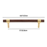 "dark wood pull bar with brass mounts, 17cm length, ideal for cabinets and furniture."
