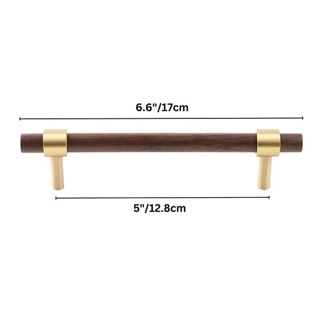 "dark wood pull bar with brass mounts, 17cm length, ideal for cabinets and furniture."