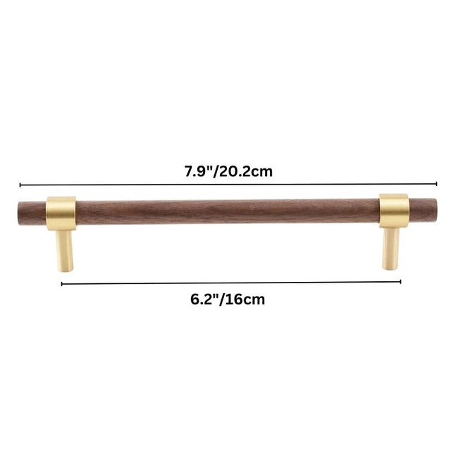 "dark wood pull bar with brass accents, 20cm length, perfect for cabinets and custom furniture."