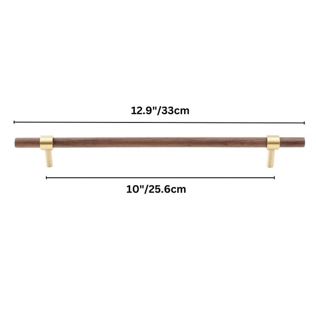 "dark wood pull bar measuring 33cm with smooth brass mounts, perfect for furniture use."