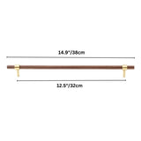 "dark wood pull bar with brass fittings, 38cm length, ideal for larger cabinet doors."