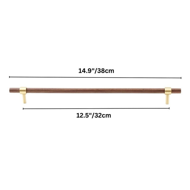 "dark wood pull bar with brass fittings, 38cm length, ideal for larger cabinet doors."