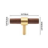 "Dimensions of a dark wood and brass pull bar: 2.3 inches (6 cm) in length, 0.4 inches (1.2 cm) in thickness, and 1.5 inches (3.9 cm) in height."