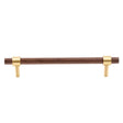"Dark wood and brass pull bar with cylindrical design, isolated on a white background."