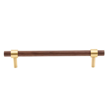 "Dark wood and brass pull bar with cylindrical design, isolated on a white background."