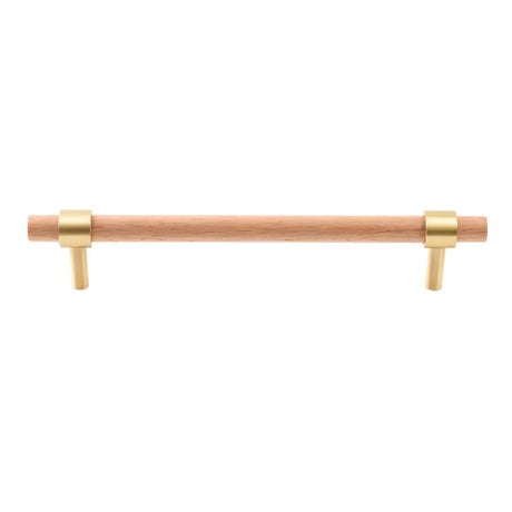 "Light wood and brass pull bar with cylindrical design, isolated on a white background."