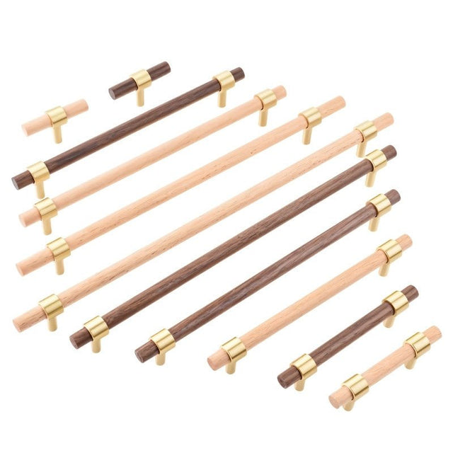 "a variety of wooden pull bars with brass mounts in different sizes, ideal for modern interiors."