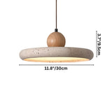 "Dimensions of a modern pendant light with a circular travertine shade and wooden sphere: 11.8 inches in diameter and 3.7 inches in height."