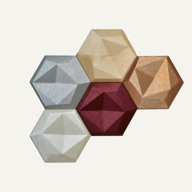 Uayal Wall Panel - Stylish, Noise-Reducing Geometric Design displays six colorful hexagonal tiles arranged in a honeycomb layout for modern interiors.