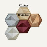 Uayal Wall Panel - Stylish, Noise-Reducing Geometric Design with labeled hexagonal tile dimensions in various colors for interior wall customization.