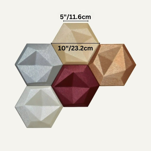 Uayal Wall Panel - Stylish, Noise-Reducing Geometric Design with labeled hexagonal tile dimensions in various colors for interior wall customization.