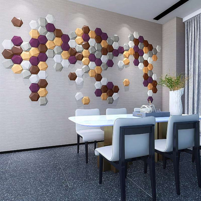 Uayal Wall Panel - Stylish, Noise-Reducing Geometric Design forms a world map pattern in a dining room with white chairs and a modern table.