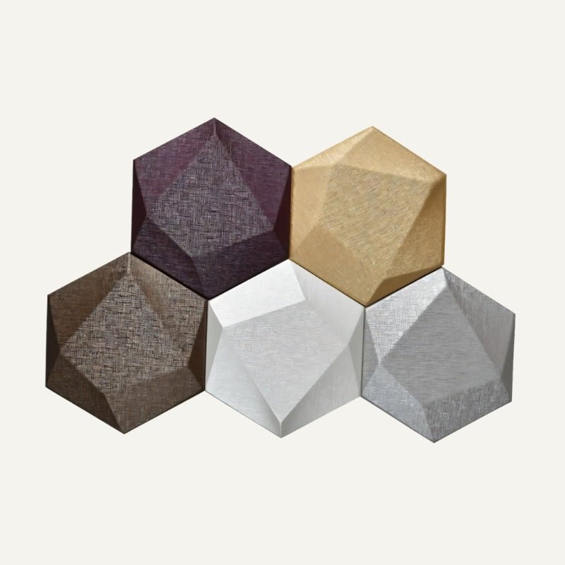Uayal Wall Panel - Stylish, Noise-Reducing Geometric Design features five stacked hexagonal panels in textured leather finish for customizable wall decor.