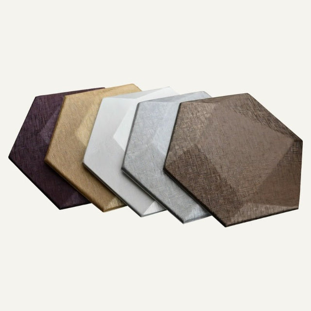 Uayal Wall Panel - Stylish, Noise-Reducing Geometric Design shown in five color options including purple, gold, white, silver, and brown hexagonal tiles.