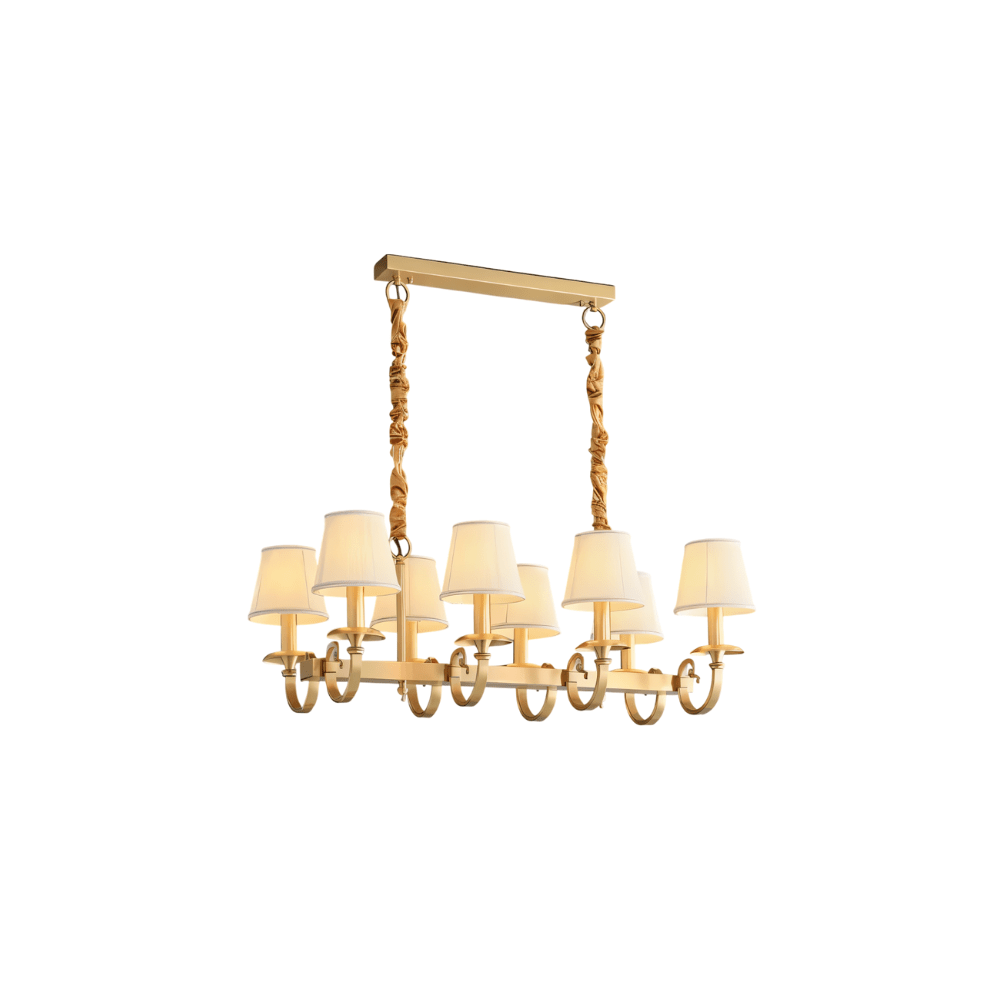 Uloma Chandelier – Elegant Lighting For Luxe Interiors in a rectangular 8-light design with dual hanging rods for modern dining areas.