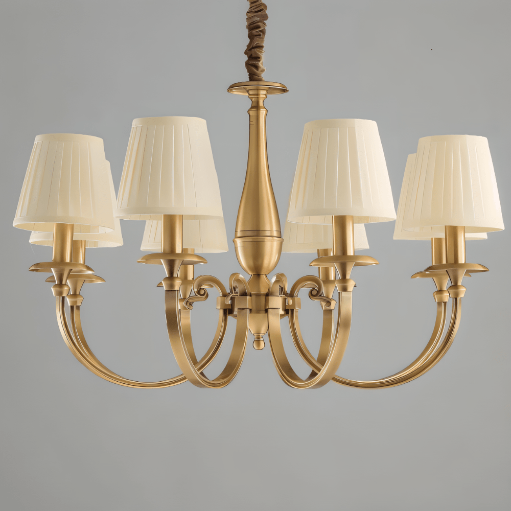 Uloma Chandelier – Elegant Lighting For Luxe Interiors close-up on a plain background showing its sculptural copper arms and cloth shades.