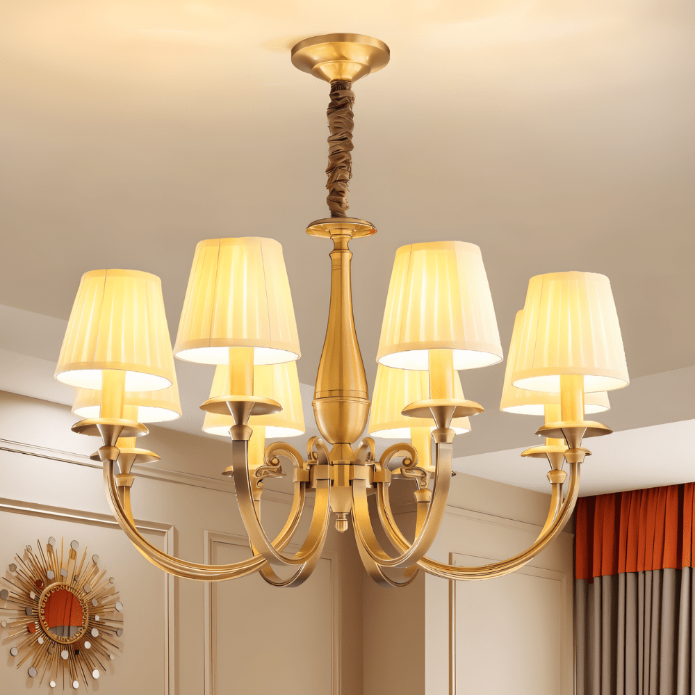 Uloma Chandelier – Elegant Lighting For Luxe Interiors featuring warm cloth shades and copper finish in a luxury dining space.