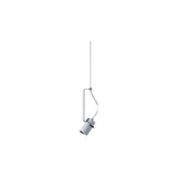 "An oblique pendant light with a grey cylindrical shade, showcasing its minimalist and modern design."
