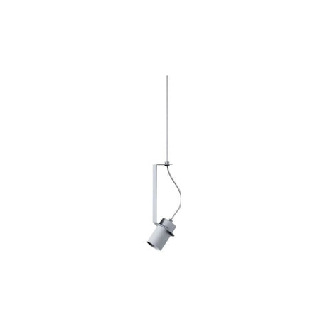 "An oblique pendant light with a grey cylindrical shade, showcasing its minimalist and modern design."