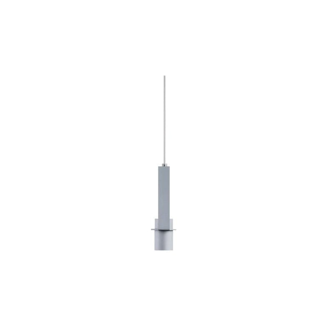 "A straight pendant light with a grey cylindrical shade, showcasing its minimalist and modern design."