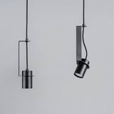 "Two pendant lights, one straight and one oblique, with cylindrical shades, demonstrating their different orientations."