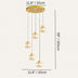 Gold spherical pendant chandelier with five hanging lights suspended from a circular brass canopy.