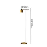 "Dimensions of the modern floor lamp with adjustable cylindrical shade: 11" (28cm) width, 62.2" (158cm) height, featuring a sleek iron frame and gold base"