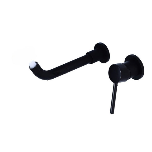 Matte black Vartay Bathroom Faucet with curved spout and lever handle, shown in disassembled view for clarity.