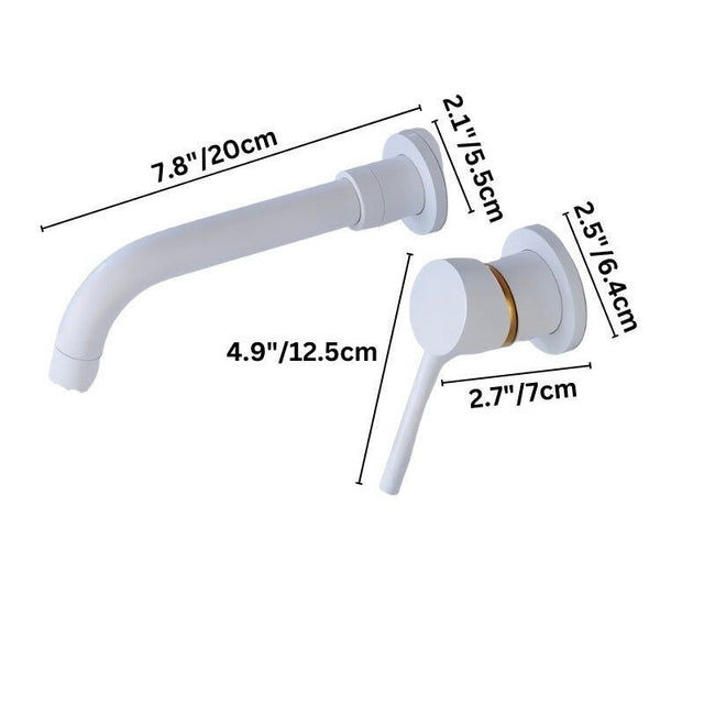 White Vartay Bathroom Faucet with dimensions labeled, showing wall-mounted design with curved spout and lever handle.