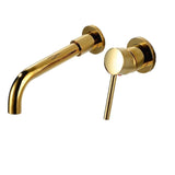 Polished gold Vartay Bathroom Faucet with curved spout and lever handle, wall-mounted for luxurious bathroom decor.
