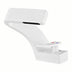 White modern bathroom faucet with curved spout and control handles on white background.