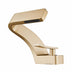 Gold single-handle bathroom faucet with curved spout and integrated air vent on white background.