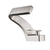 Modern bathroom faucet with curved brushed nickel design and single lever handle on white background.