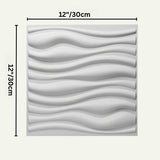 Vefni Panels - Durable, Modern Design for Any Space. White Vefni panel with 3D wave design shown with 12x12 inch dimensions for easy installation.