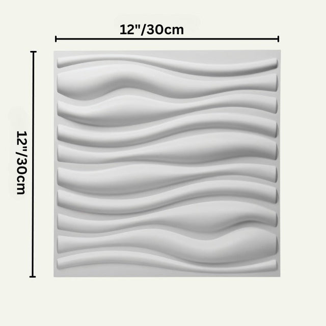 Vefni Panels - Durable, Modern Design for Any Space. White Vefni panel with 3D wave design shown with 12x12 inch dimensions for easy installation.